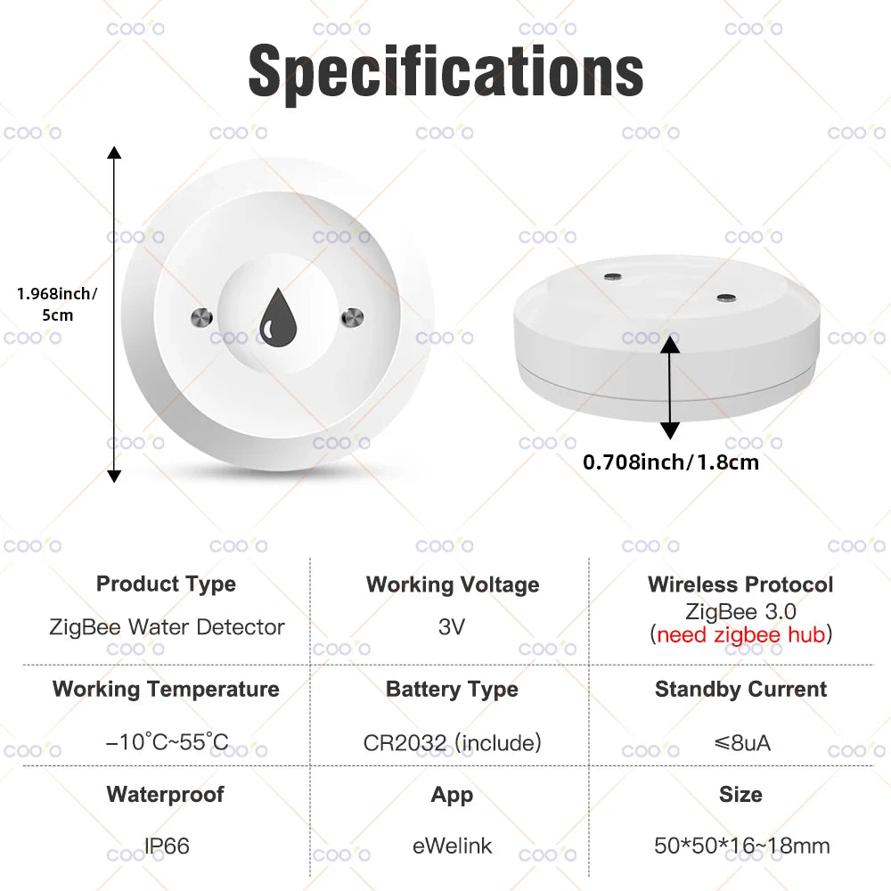 Ewelink Zigbee Smart Water Sensor Flood Leak Detector Remote Monitoring for Kitchen/Bathroom Support Home Assistant Zigbee2Mqtt