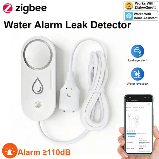 Zigbee Water Leak Detector 110Db Siren Alarm Alert Flood Water Leakage Sensor Support Home Assistant Zigbee2Mqtt Gateway