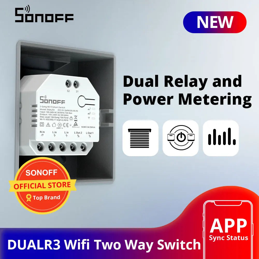 SONOFF DUALR3 Dual Relay Module Wifi DIY MINI Switch Two Way Power Metering 2 Gang/ Way Switch Timing Smart Home eWeLink APP