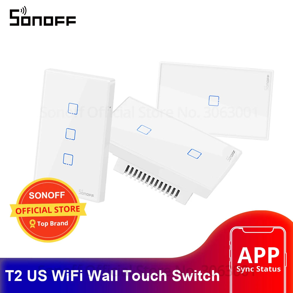 Sonoff T2 US Smart Wifi Wall Light Switch 1 2 3 Gang Touch/WiFi/433 RF/APP Remote Smart Home Wall Touch Switch Works with Alexa