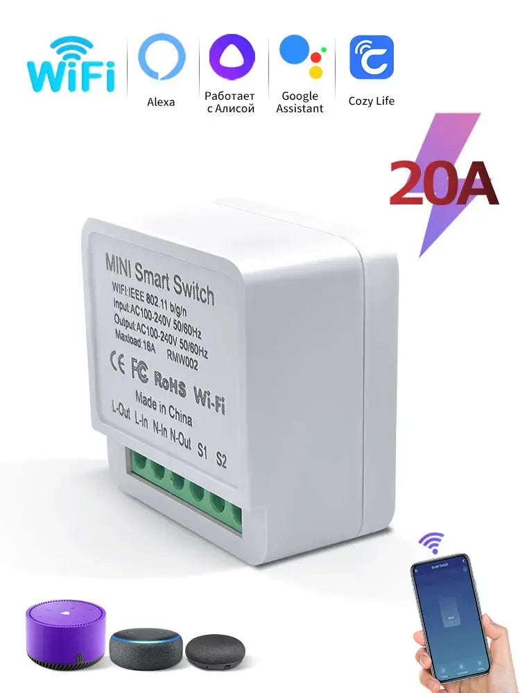 16A/20A WiFi Mini Smart Switch Module 2-way Control Cozy Life APP Remote Control for Alexa Google Home Automation Voice Control