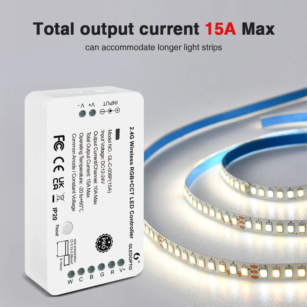 Zigbee 3.0 LED Strip Controller RGBCCT Pro 15A GLEDOPTO Current Work with Hu/e Tuya SmartThings App 2.4G RF Remote Control Voice