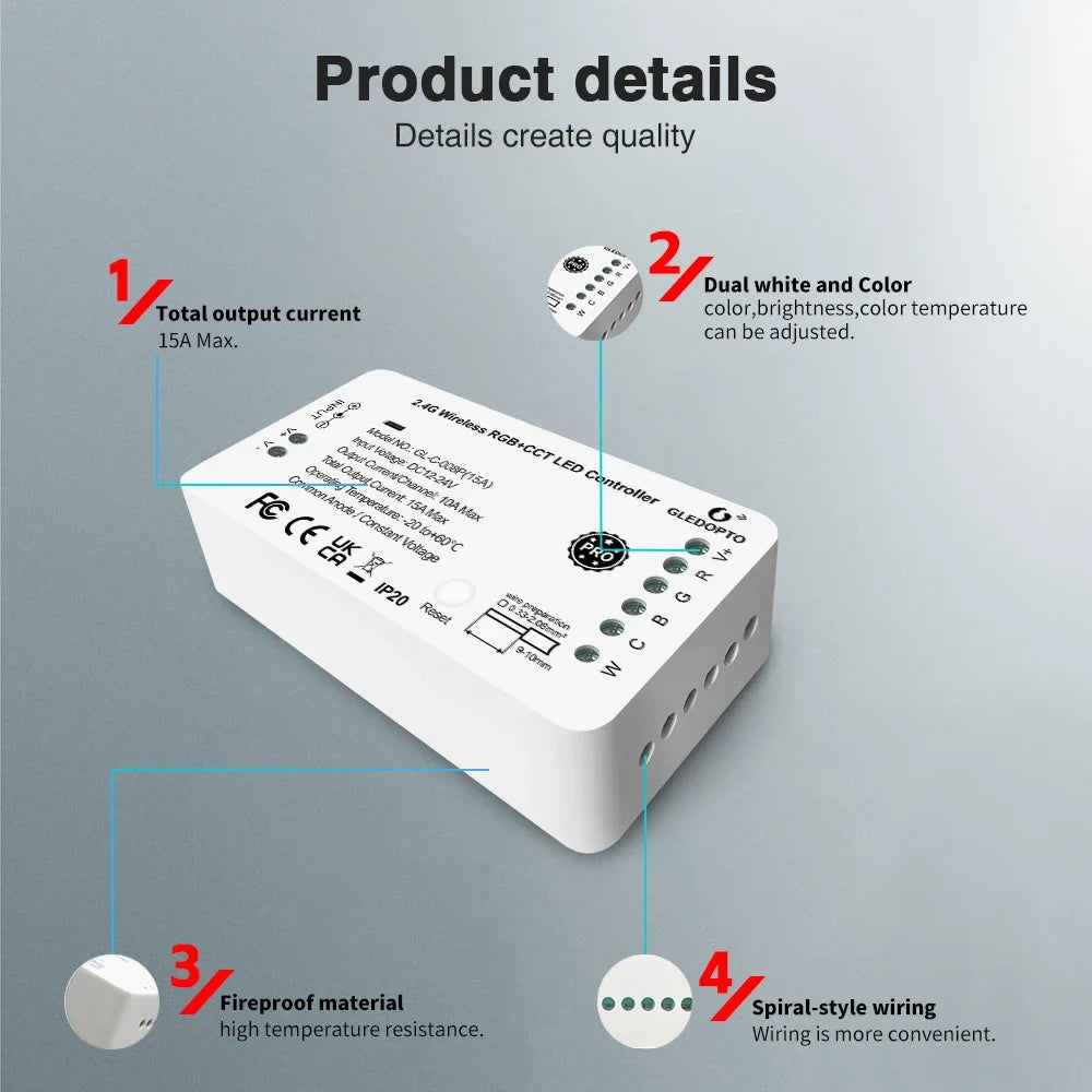 Zigbee 3.0 LED Strip Controller RGBCCT Pro 15A GLEDOPTO Current Work with Hu/e Tuya SmartThings App 2.4G RF Remote Control Voice
