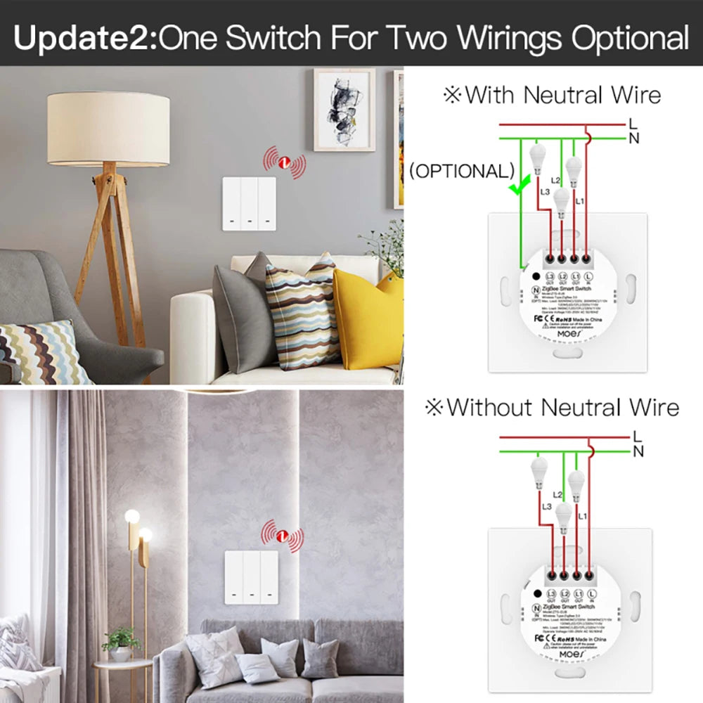 Tuya Zigbee Smart Push Switch Lights Controller With/Without Neutral Wire No Capacitance Required Works With Alexa Google Home