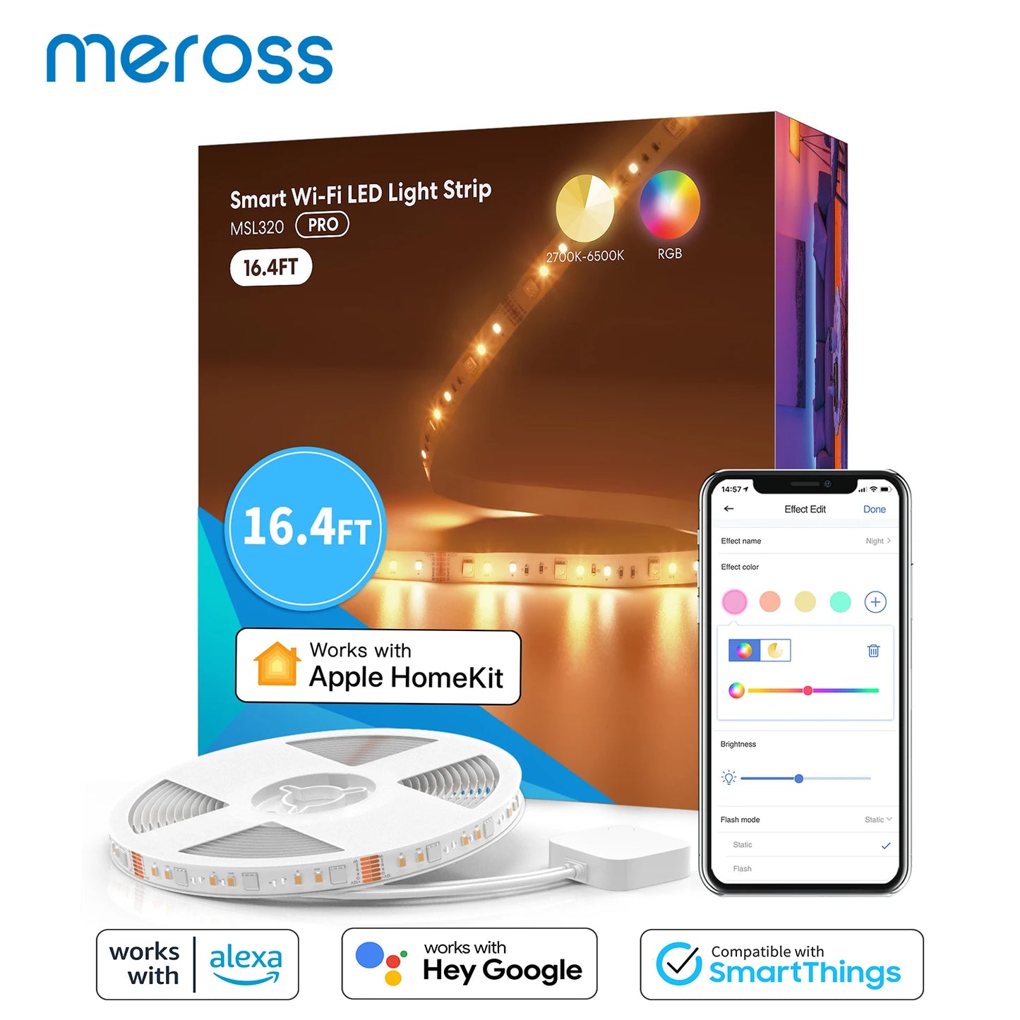 Meross HomeKit Smart Strip Light WiFi LED Light Strip RGBWW TV Backlight 18W Work with Siri Alexa Google Assistant SmartThings