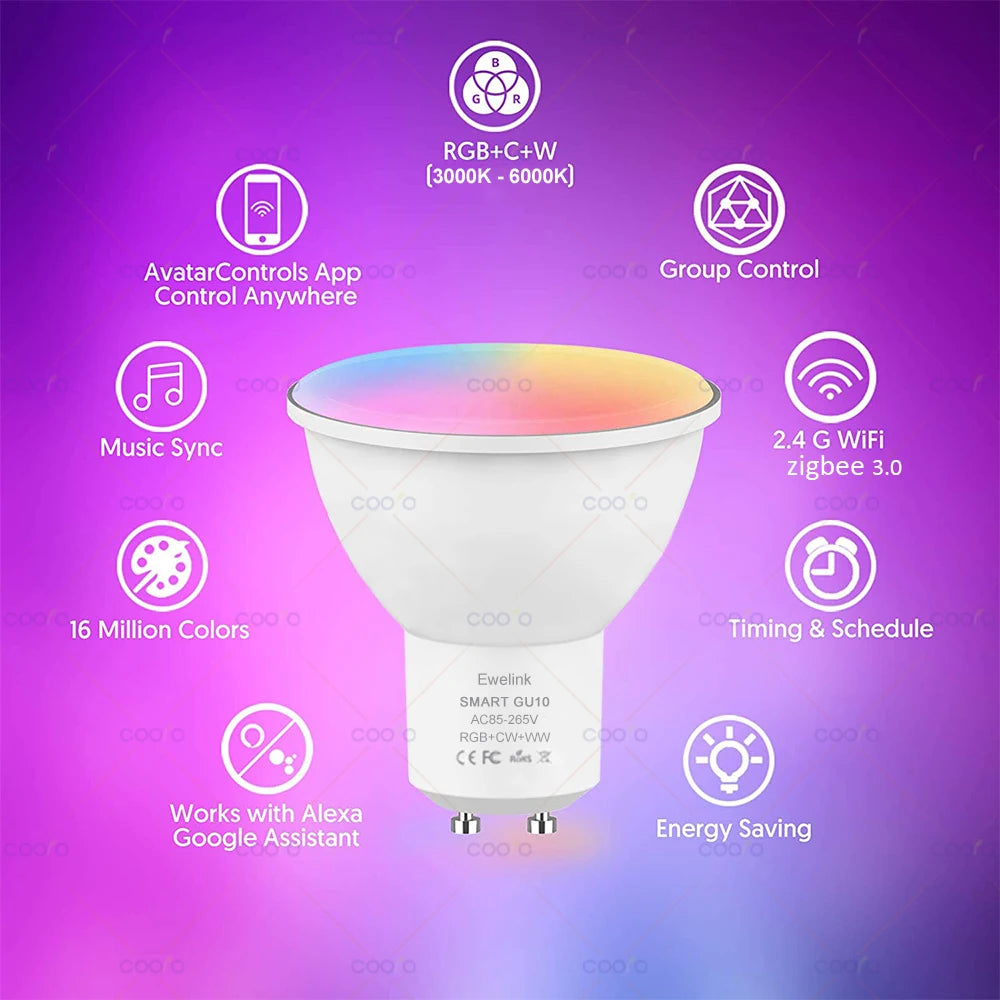 COOLO ZigBee GU10 WiFi Smart LED Light Bulb RGB C+W 5W Dimmable Lamps EWelink APP Control Spotlight Bulb Works With Alexa Google