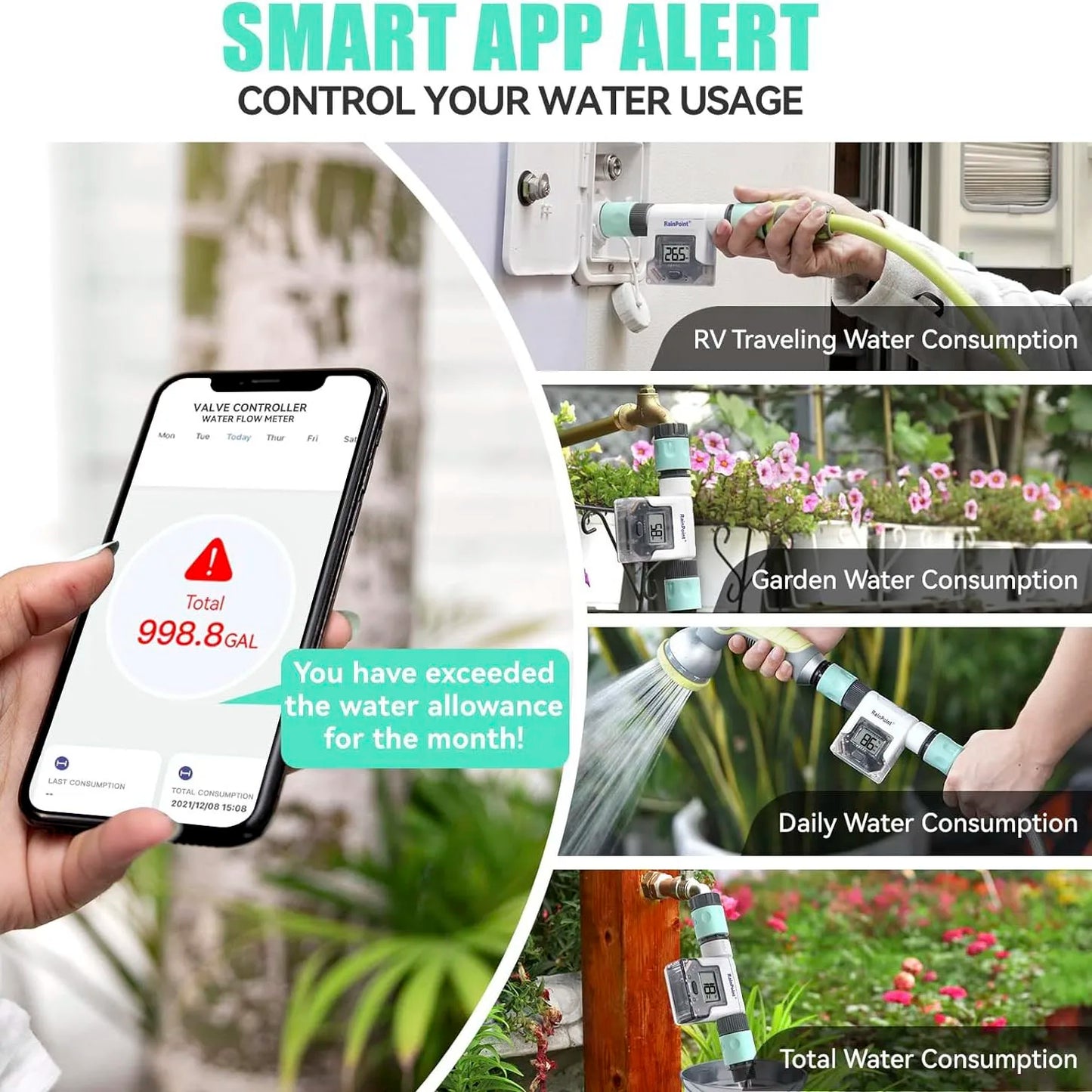 Wifi Smart Water Flow Meter Gauge For Outdoor Garden Hose Watering Irrigation Rv Travel Measuring Water Consumption