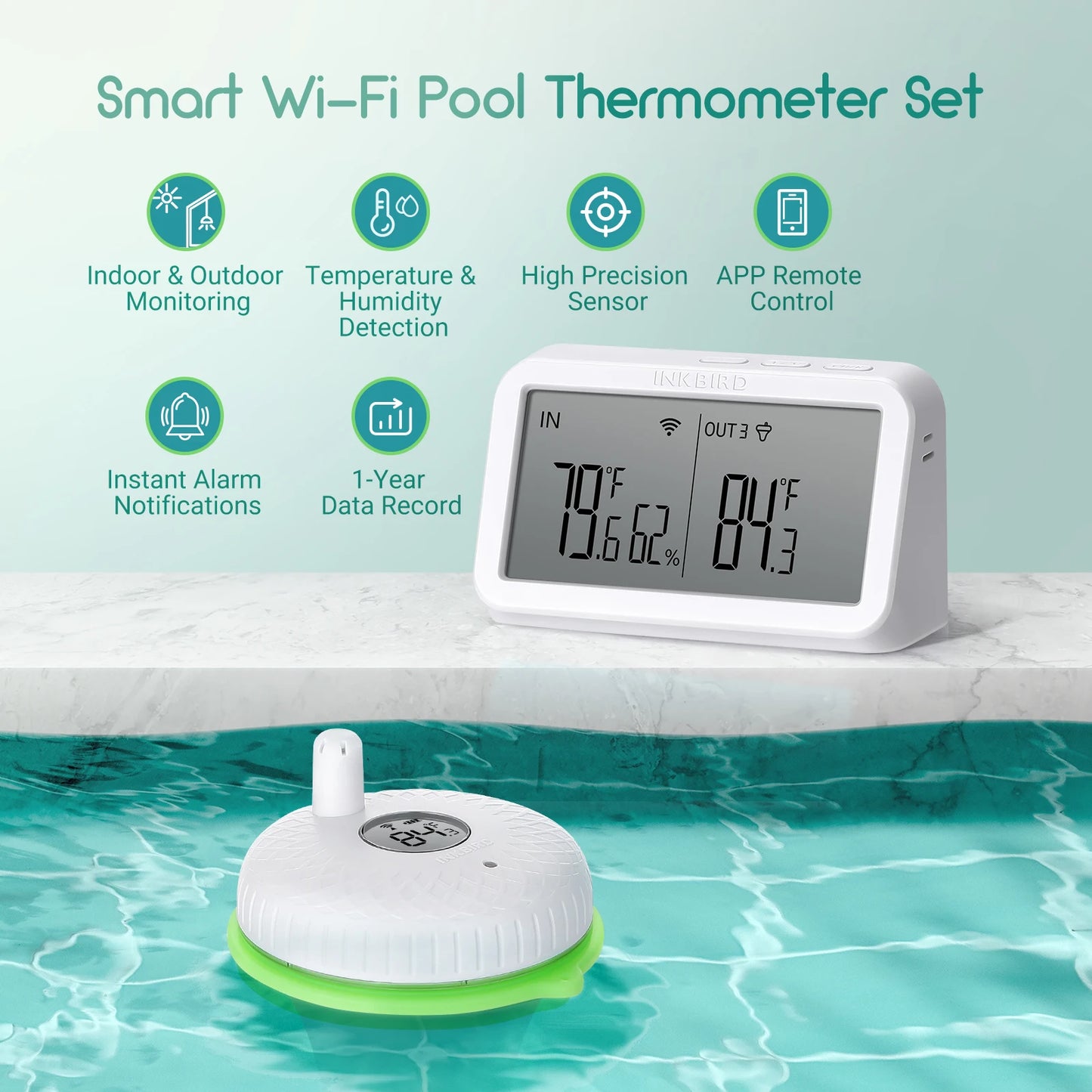INKBIRD 2nd-Gen Wireless Pool Thermometer with IBS-M2 Wifi Gateway Combo Waterproof Digital Floating Thermometer for Spa Pond