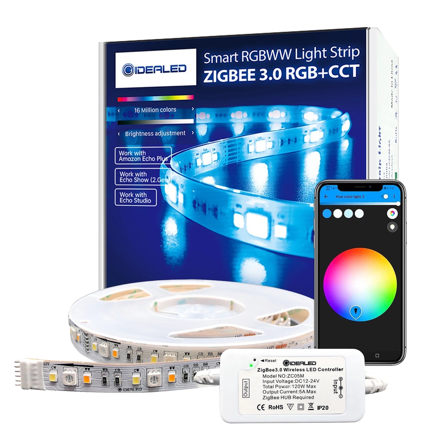 Smart Zigbee 3.0 Controller Dimmable Ambiance LED Kit with 5M RGBCCT LED Light Strips Compatible Zigbee HUB Bridge,Echo Plus