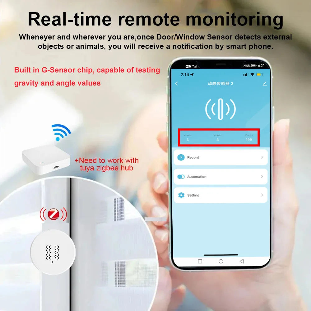 Tuya Zigbee Smart Vibration Tilt Sensor Real Time Remote Monitoring Door Window Detection Alarm Smart Home Security Protection