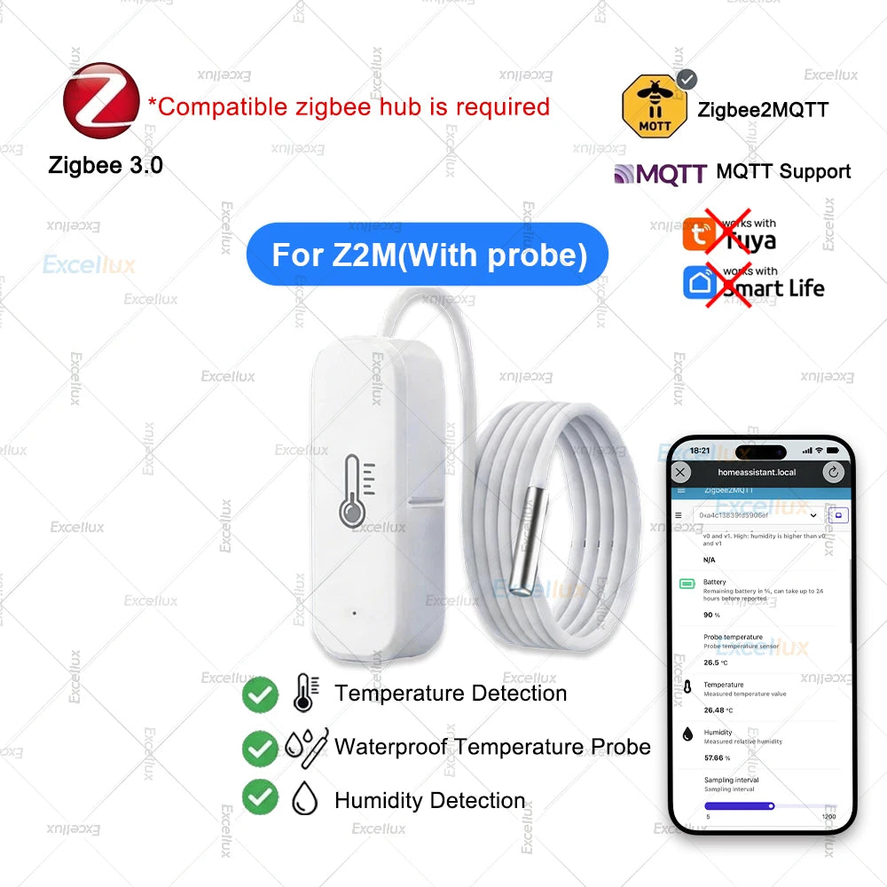 Zigbee 3.0 Temperature Humidity Sensor with External Temp Probe Option,For Fish Tank Freezer Thermometer,For Tuya/Smart Life/Z2M