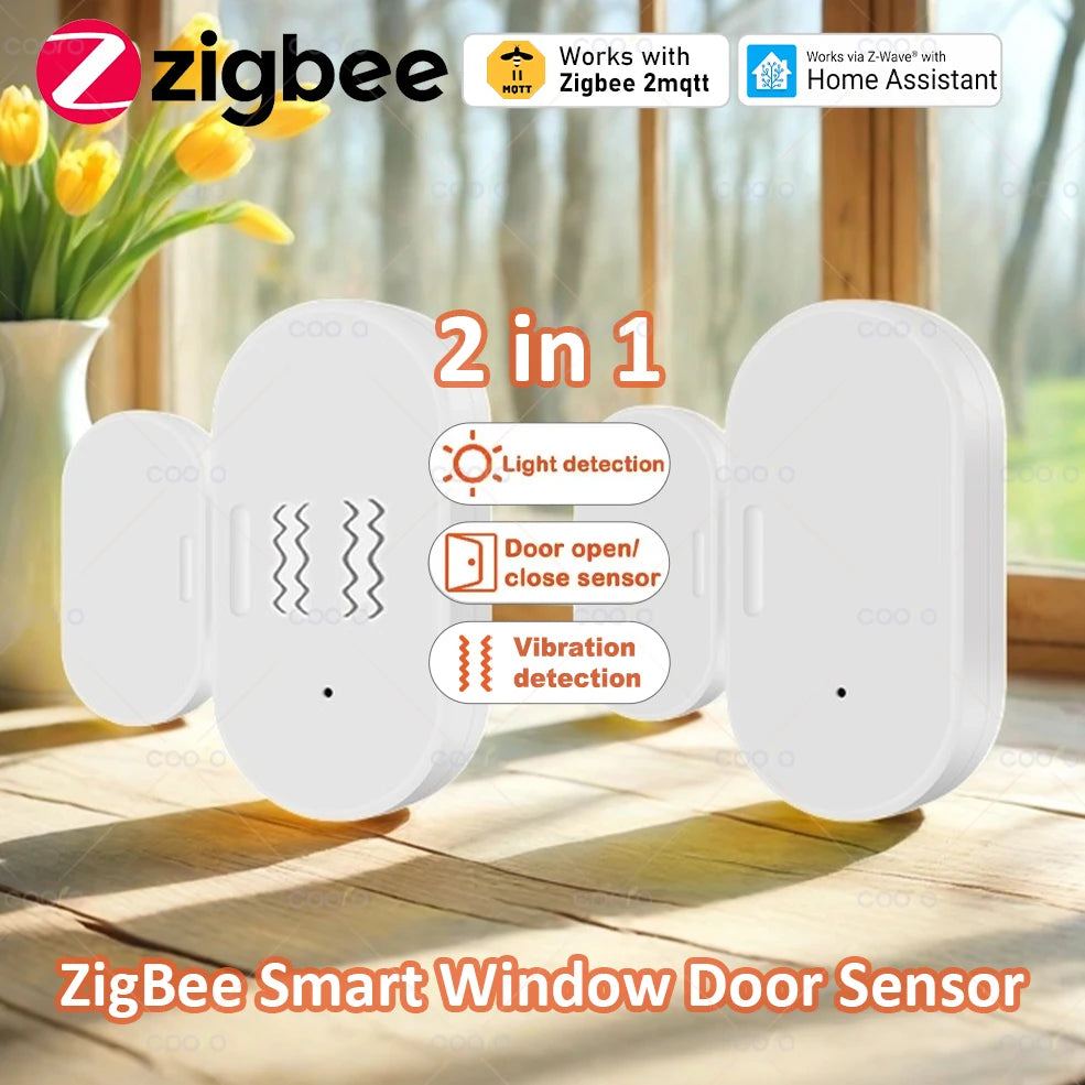Zigbee Door Window Sensor Lux Light/ Vibration Detect 2 in 1 Real Time Wireless Magnetic Alarm Works with Alexa Google HA Z2M