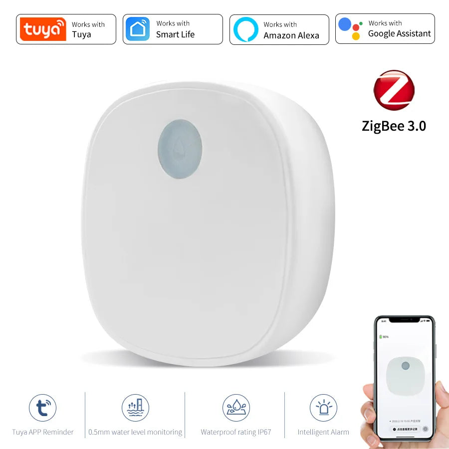 Tuya Zigbee Water Sensor Leak Flood Detector Alarm Smart Life Work with Tuya Gateway Alexa Google Assistant for Kitchen Bathroom