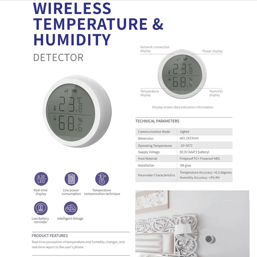 Tuya Smart Zigbee Temperature and Humidity Sensor Wireless LED Screen Display Working with Google Assistant Tuya Zigbee Hub