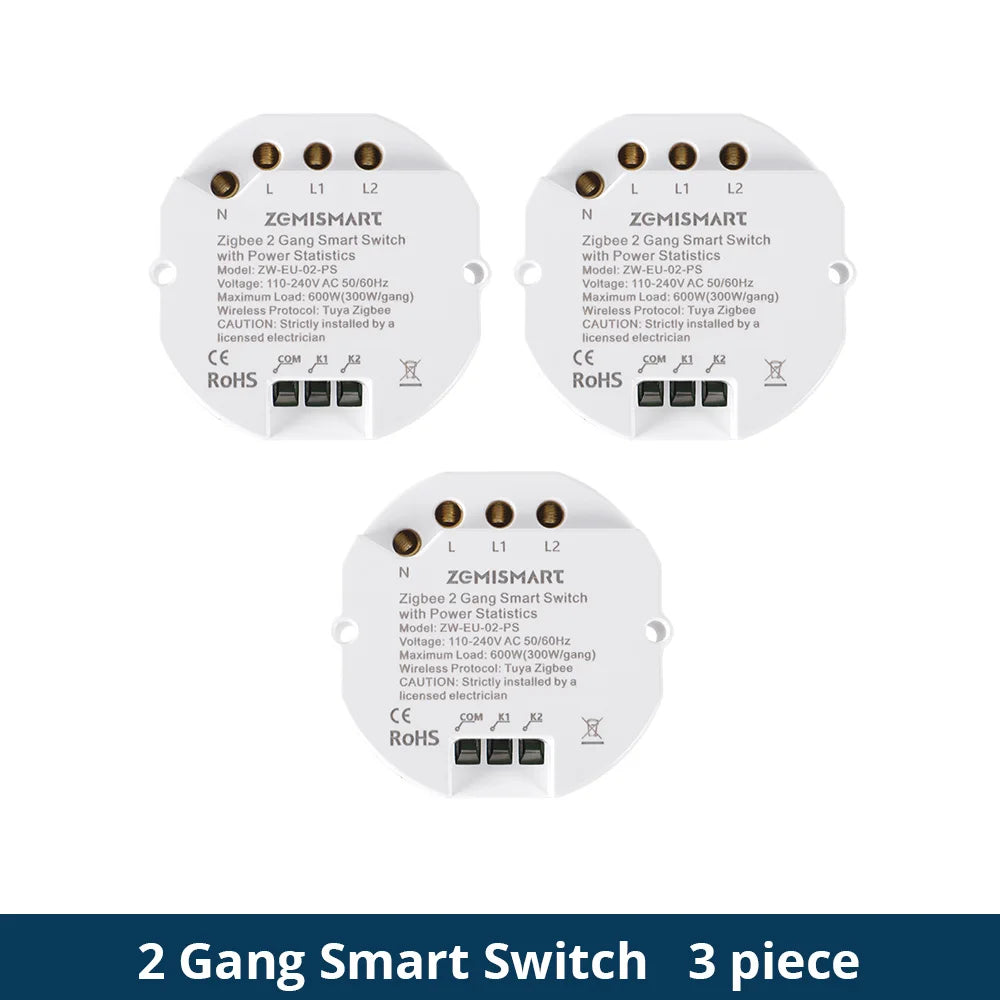Zigbee 2 Gang Smart Inline Module Mini Light Switch with Power Statistics Function Work with Tuya Smart Life App