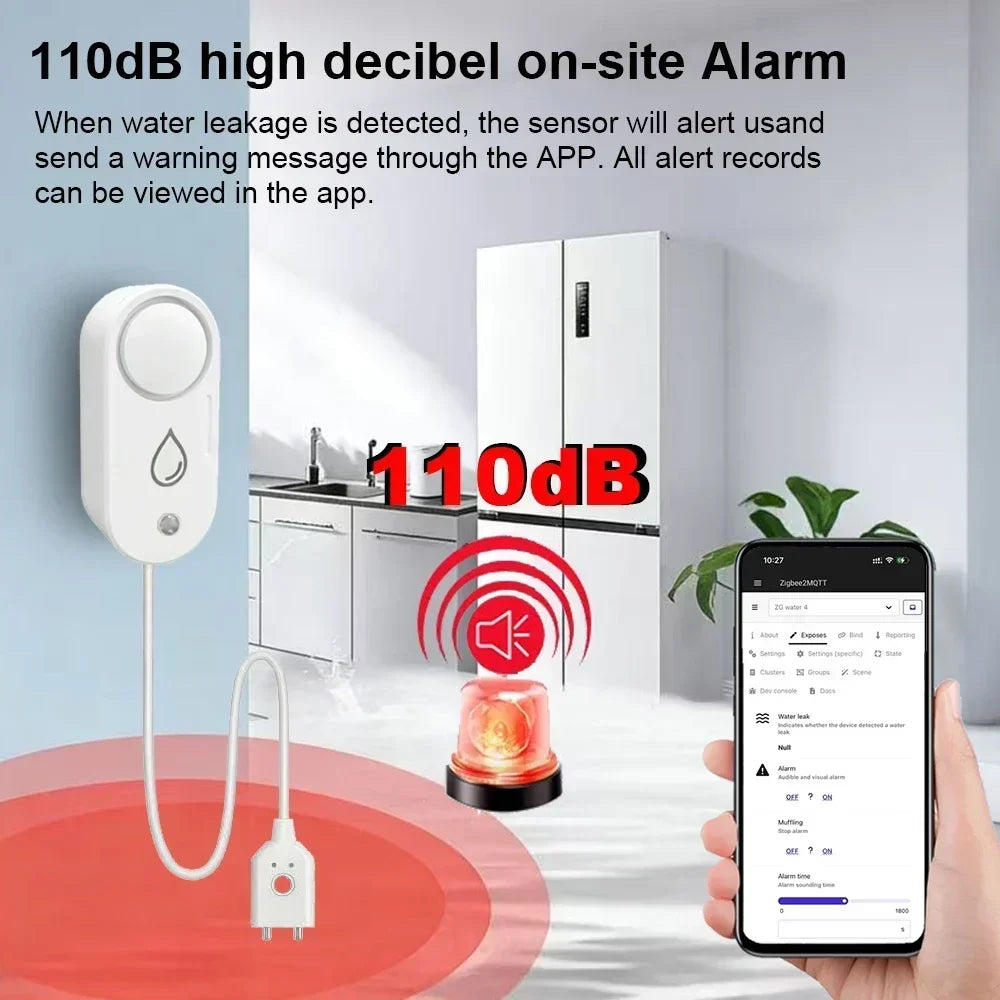 Zigbee Water Leak Detector 110Db Siren Alarm Alert Flood Water Leakage Sensor Support Home Assistant Zigbee2Mqtt Gateway