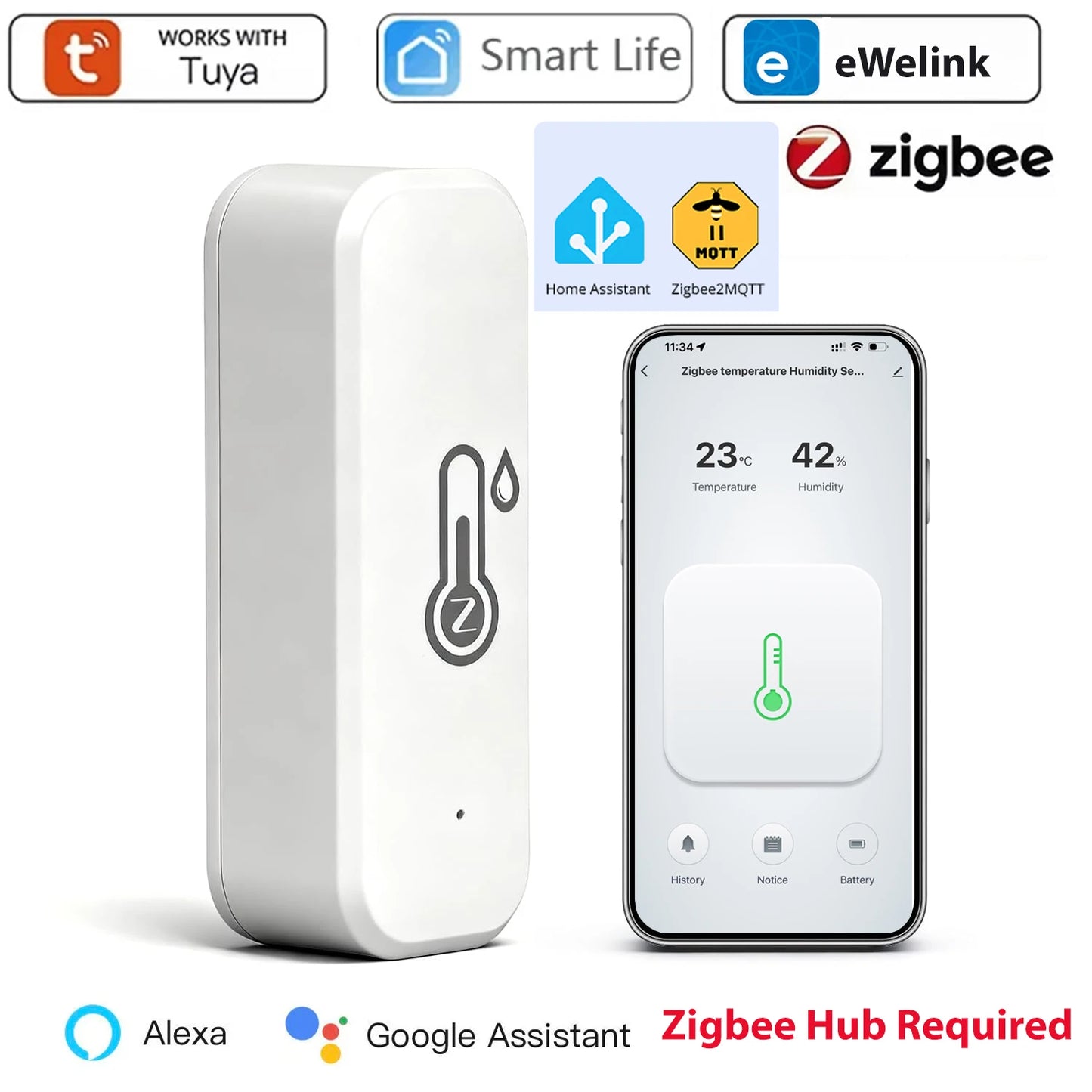 Tuya Zigbee Smart Wireless Temperature and Humidity Sensor Hygrometer Thermometer Detector Work with Alexa Home Assistant Z2Mqtt