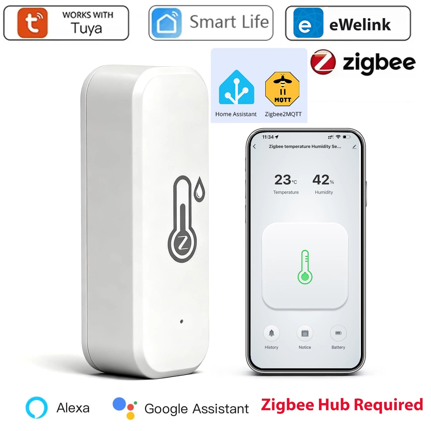 Tuya Zigbee Smart Wireless Temperature and Humidity Sensor Hygrometer Thermometer Detector Work with Alexa Home Assistant Z2Mqtt