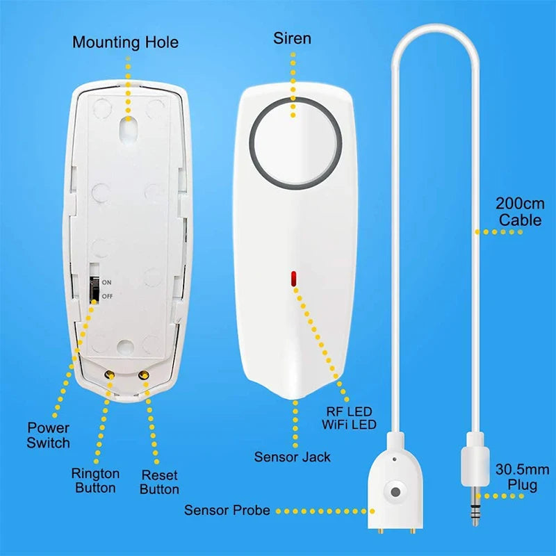 Tuya WIFI Zigbee Water Leak Sensor 3.5Mm Jack 2M Sensor Cable Built-In Rechargeable Battery 80Db Sound App Real Time Monitoring