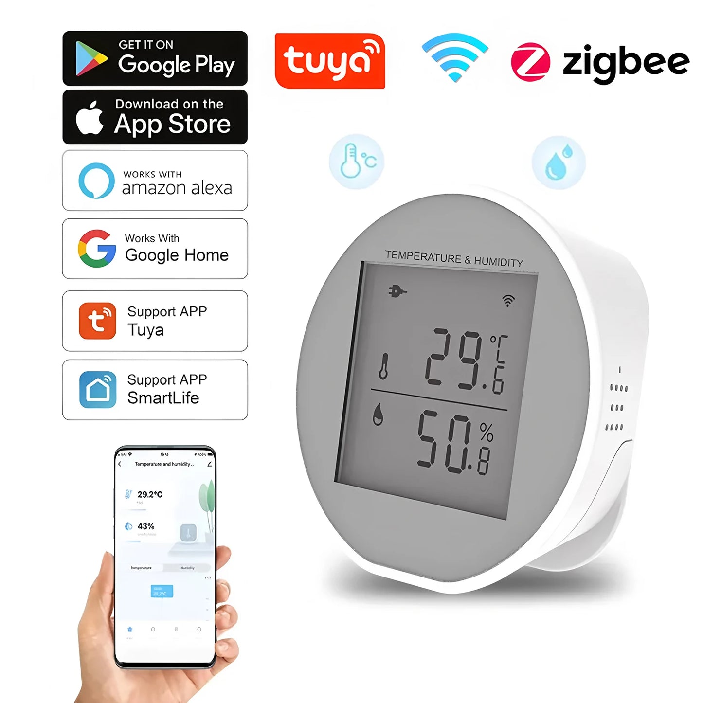 Tuya Smart Wifi & Zigbee Temperature Humidity Sensor Indoor Hygrometer Thermometer Detector Alarm LCD Support Alexa Google Home