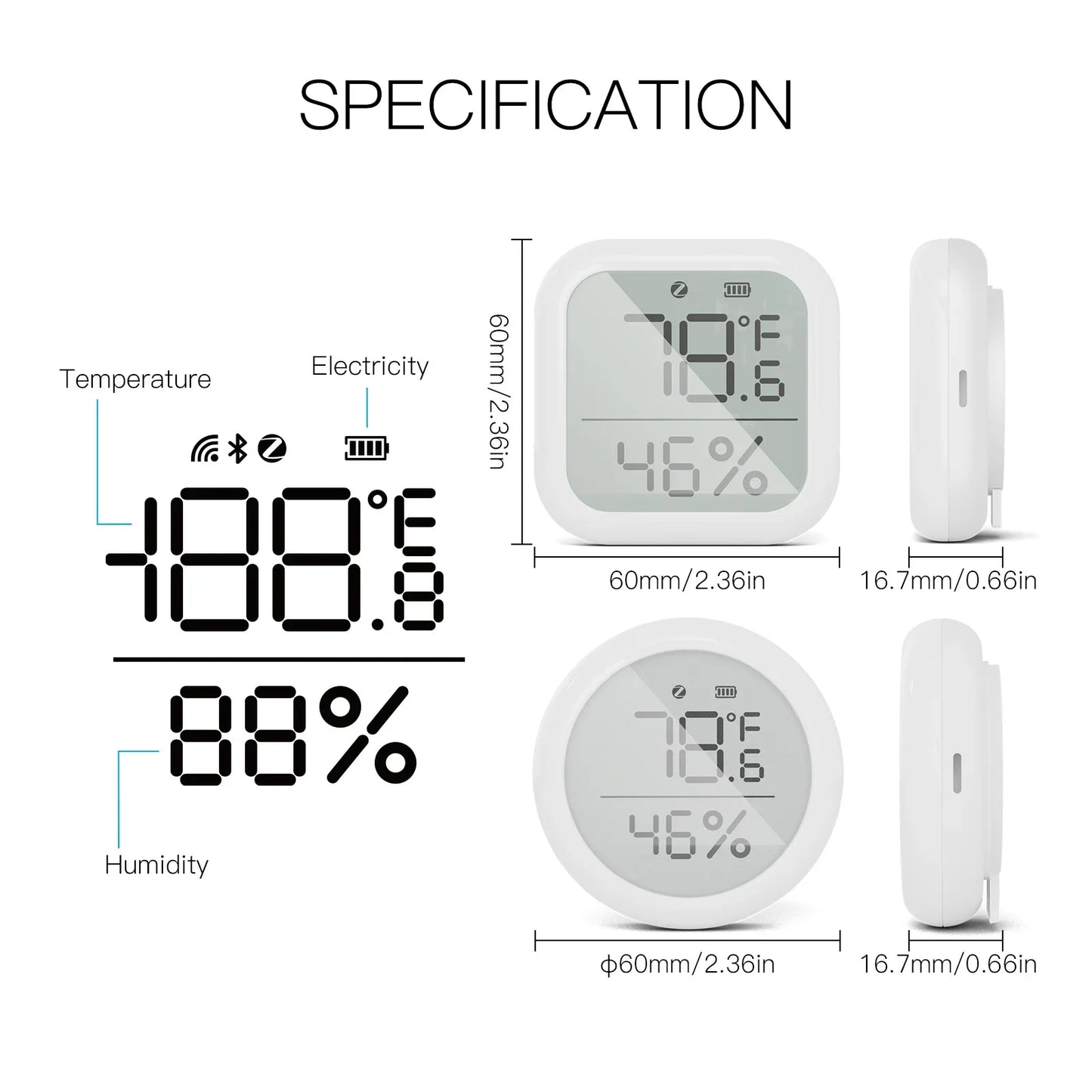 Tuya Zigbee Smart Home Temperature and Humidity Sensor with LED Screen Works with Google Assistant and Tuya Zigbee Hub