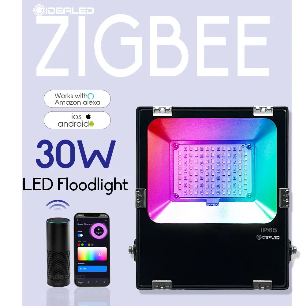 Zigbee Outdoor Floodlight RGBWW LED Garden Lamp 30W Waterproof Grade Compatible with Tuya App Alexa Echo plus Voice & RF Control