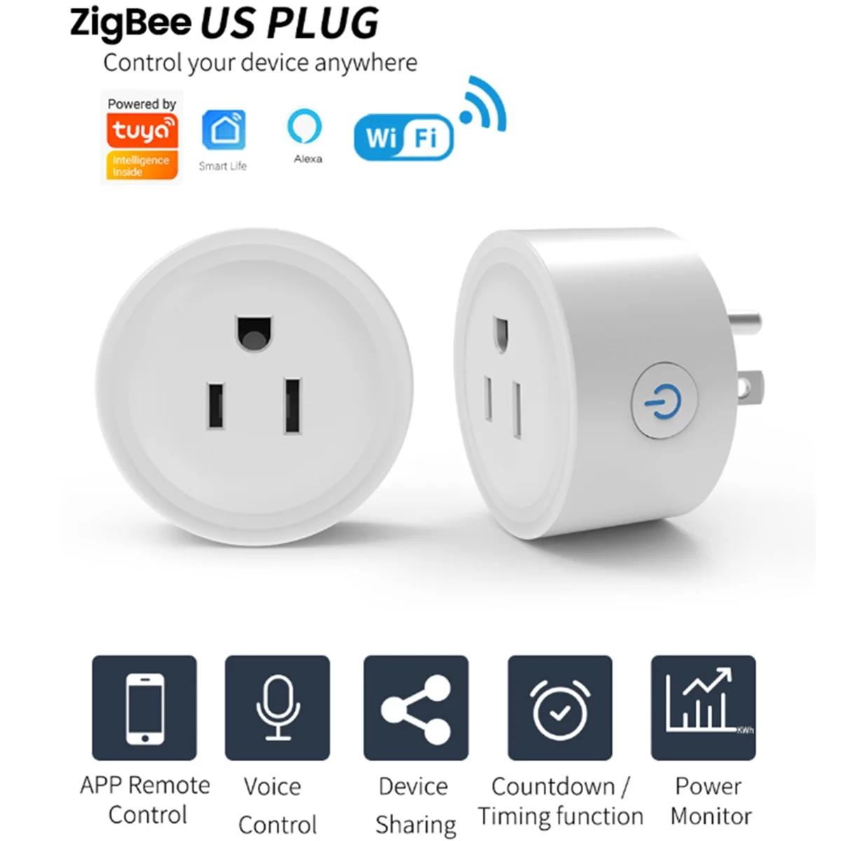 ABQR TUYA 20A Smart Plug Zigbee Socket with Power Monitor Timing Function Voice Control Works US Plug
