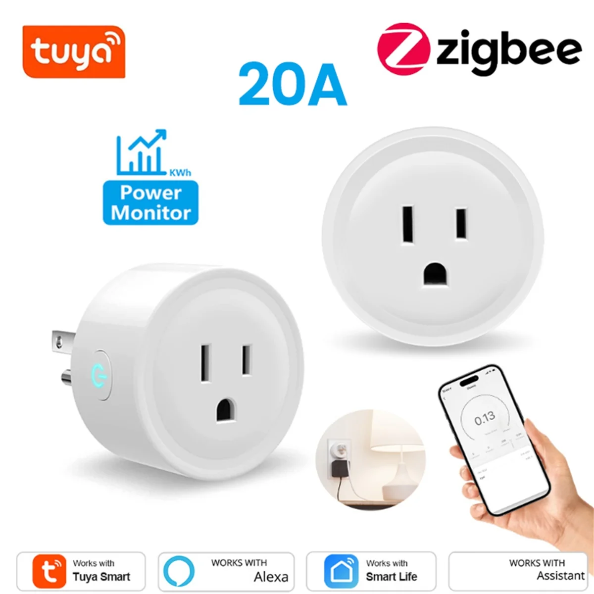 ABQR TUYA 20A Smart Plug Zigbee Socket with Power Monitor Timing Function Voice Control Works US Plug