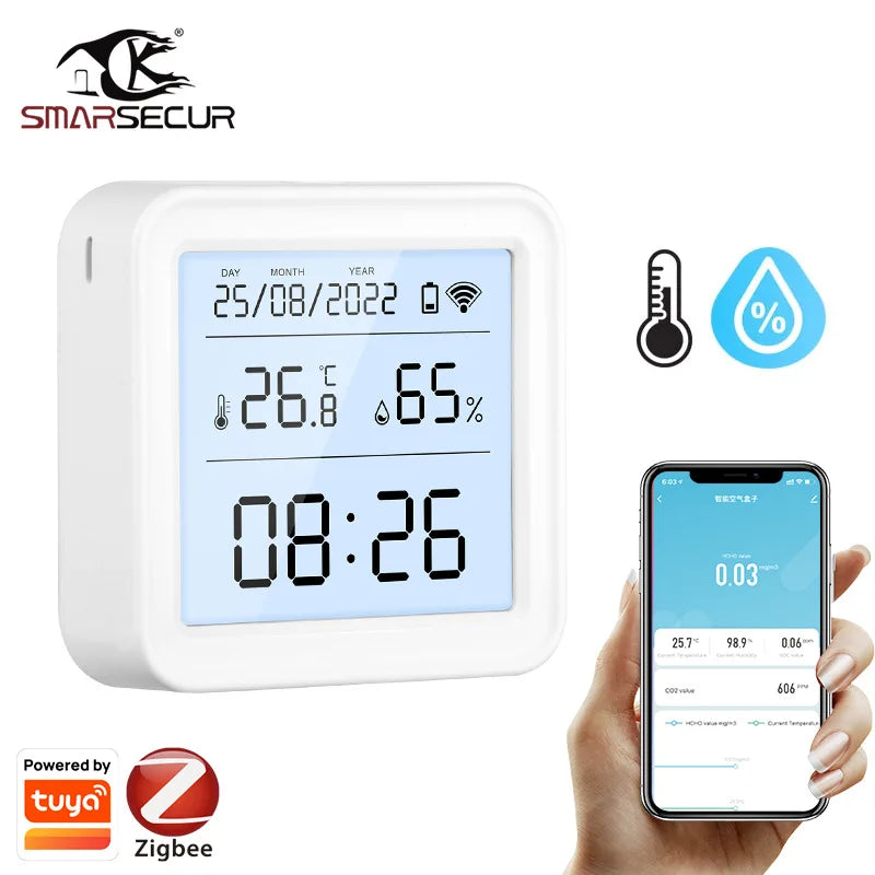 Tuya Smart Home Zigbee Humidity Sensor - Wireless Temperature and Humidity Sensor with Backlit Clock Function