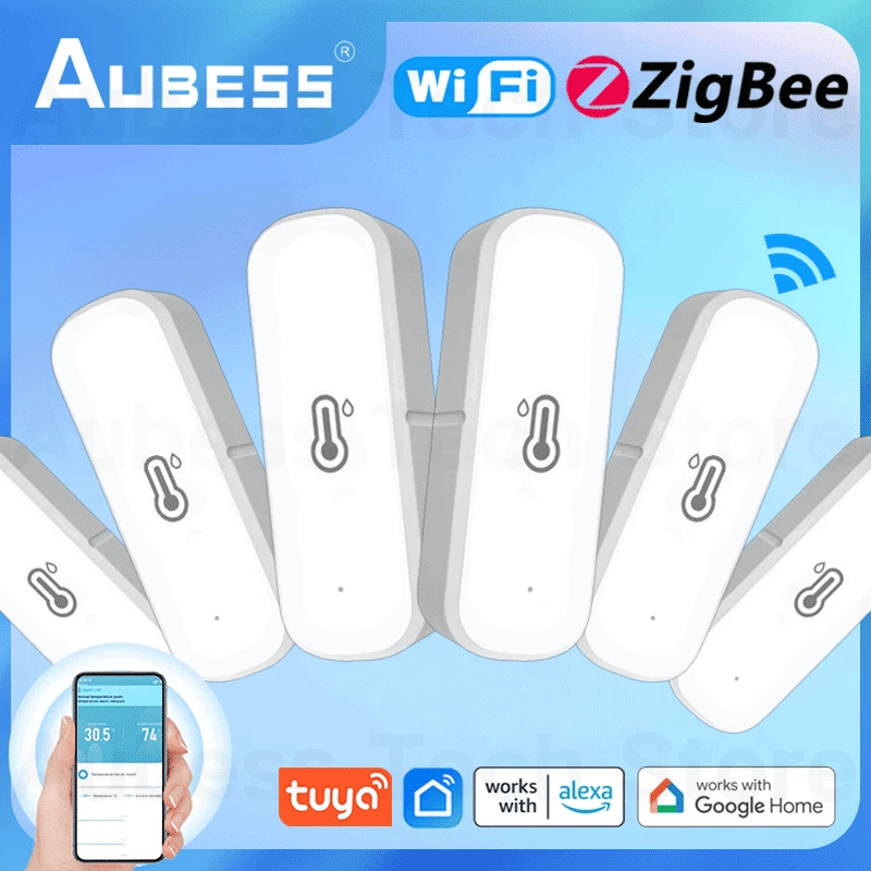 AUBESS Tuya Zigbee/Wifi Temperature Humidity Sensor Home Connected Thermometer Compatible with Smart Life Alexa Google Assistant