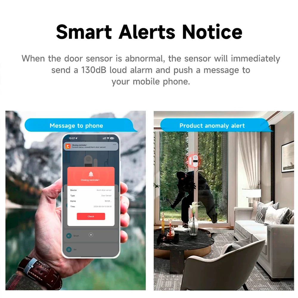 Enhance Your Home Security with the Tuya Wifi Door Sensor - 130Db Sound & Light Alarm, Smart Home Compatible