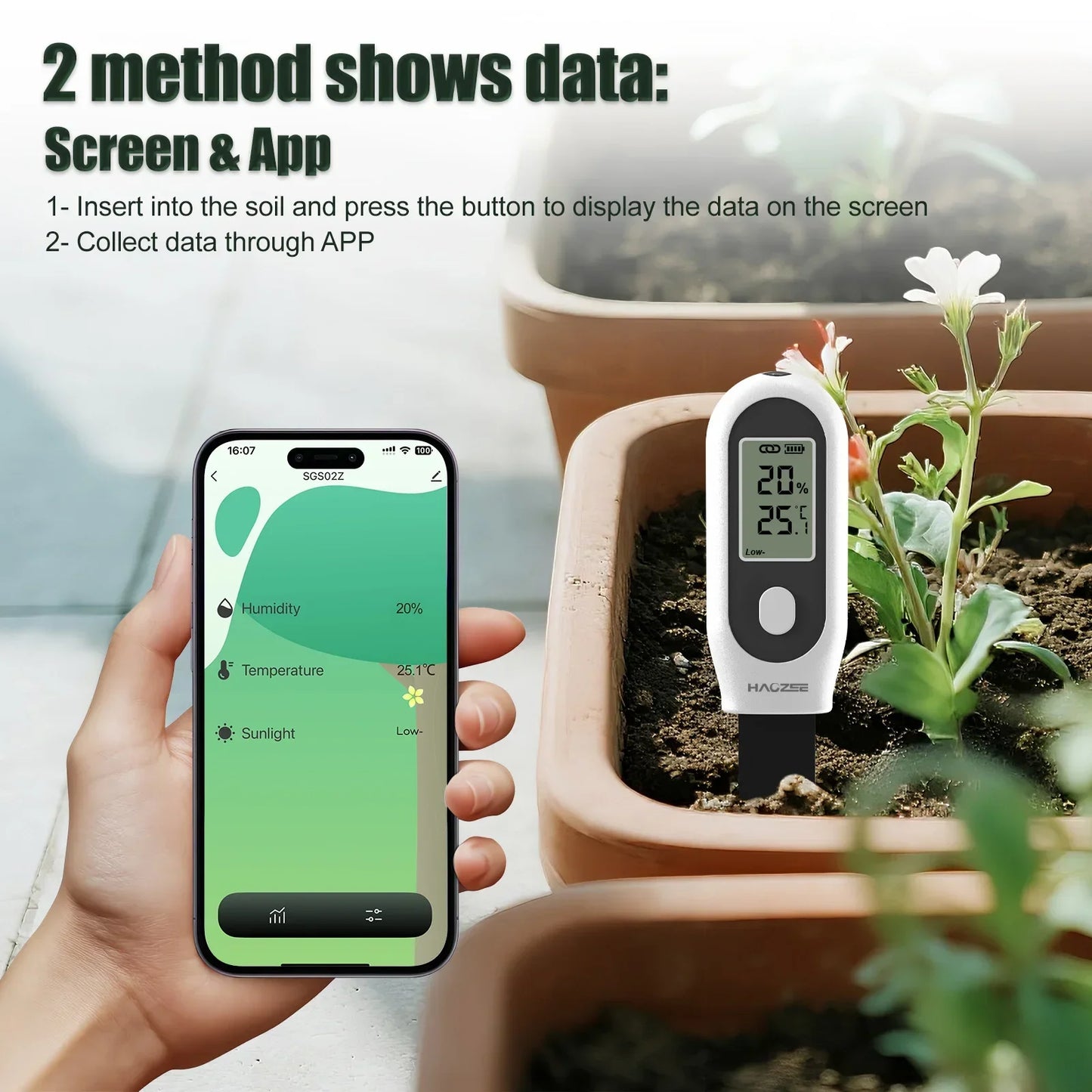 Tuya Zigbee Soil Moisture Sensor 3 in 1 Humidity Temperature Sunlight Meter Screen/App Control for Plants Pots Garden