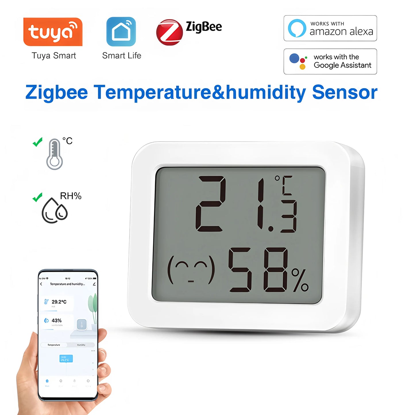 Tuya Smart Zigbee Temperature and Humidity Sensor Mini LCD Digital Smil Face Temp Humidity Detector Work with Alexa Google Home