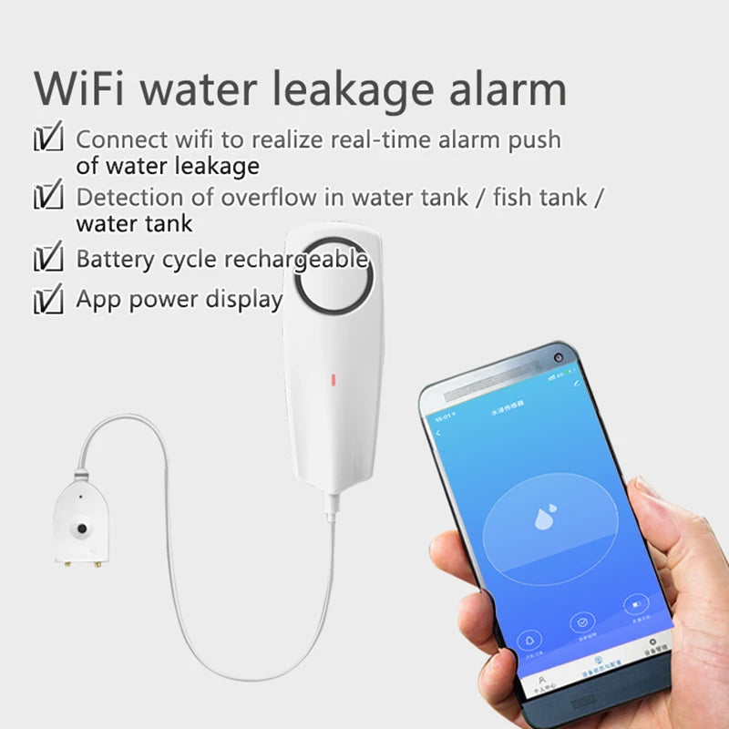 Tuya Zigbee WIFI Water Sensor 3.5Mm Jack 2M Sensor Cable Built-In Rechargeable Battery 80Db Alarm Sound App Real Time Monitoring