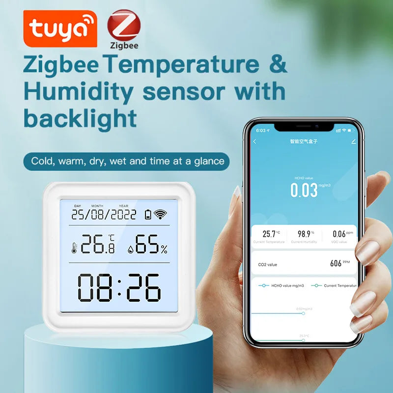 Tuya Smart Home Zigbee Humidity Sensor - Wireless Temperature and Humidity Sensor with Backlit Clock Function