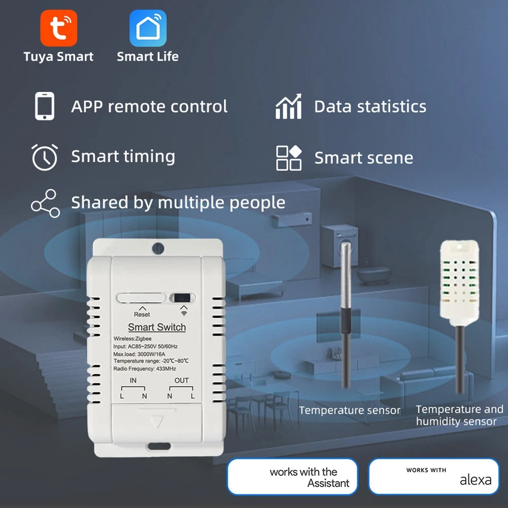 3Cgro-Tuya Zigbee Temperature Switch 16A Smart Wireless Thermostat with 2M Temperature Sensor Supports Voice Control