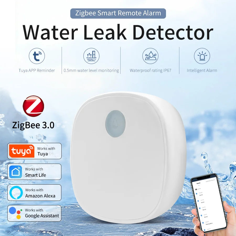 Tuya Zigbee Water Sensor Leak Flood Detector Alarm Smart Life Work with Tuya Gateway Alexa Google Assistant for Kitchen Bathroom