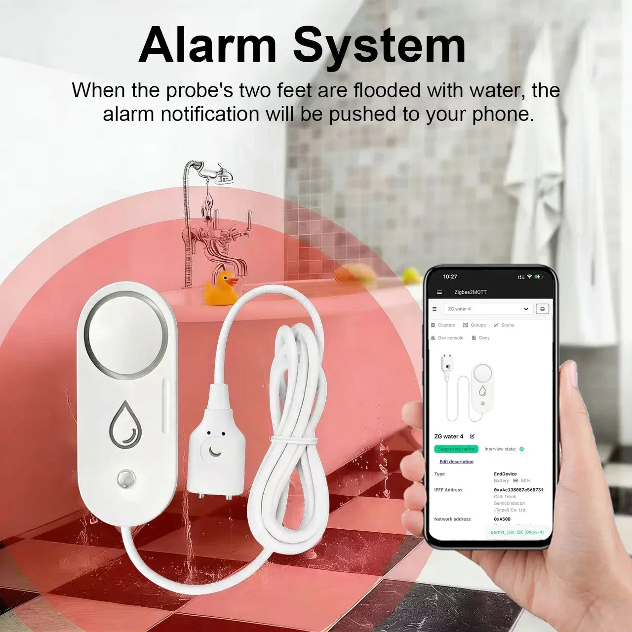 Zigbee Water Leak Detector 110Db Siren Alarm Alert Flood Water Leakage Sensor Support Home Assistant Zigbee2Mqtt Gateway