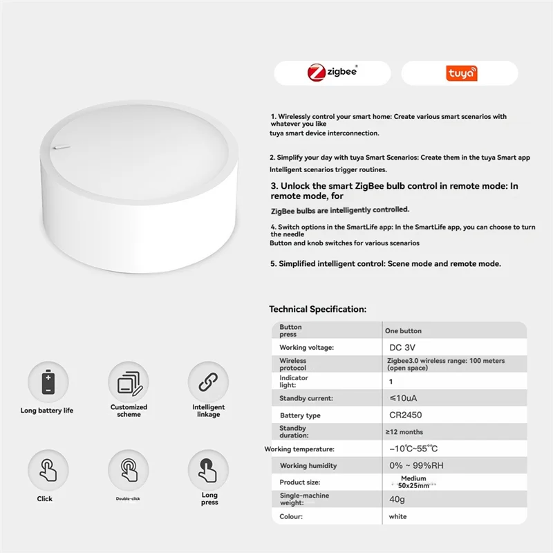 B04B-Smart Life App Compatible Zigbee Knob, Wireless Scene Button Controller Battery Powered