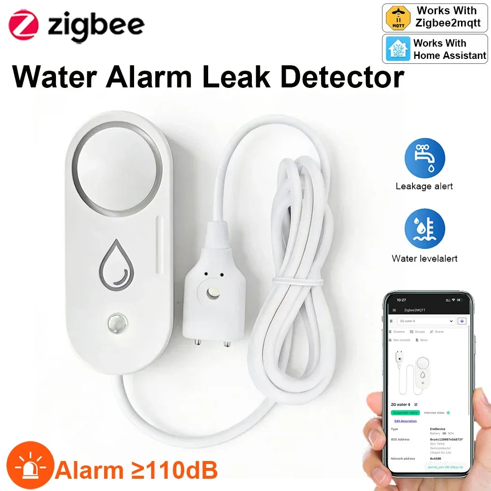 Zigbee Water Leak Detector 110Db Siren Alarm Alert Flood Water Leakage Sensor Support Home Assistant Zigbee2Mqtt Gateway