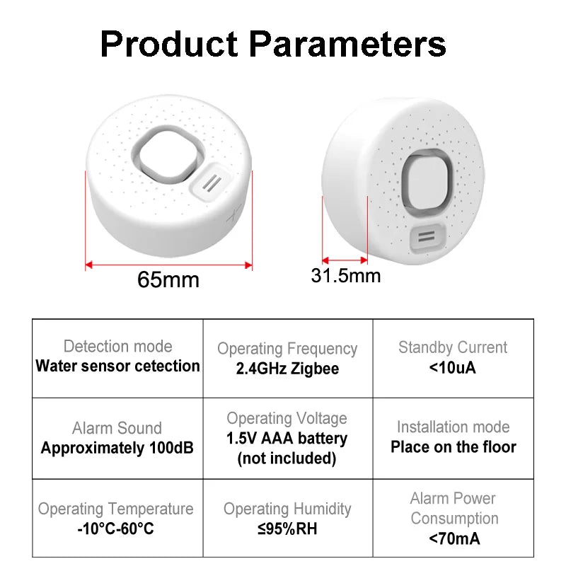 Zigbee Water Leakage Detector Works with Tuya Smart Life APP Drip Sensor Home Kitchen Safety Overflow Alarm High-Decibel Sound