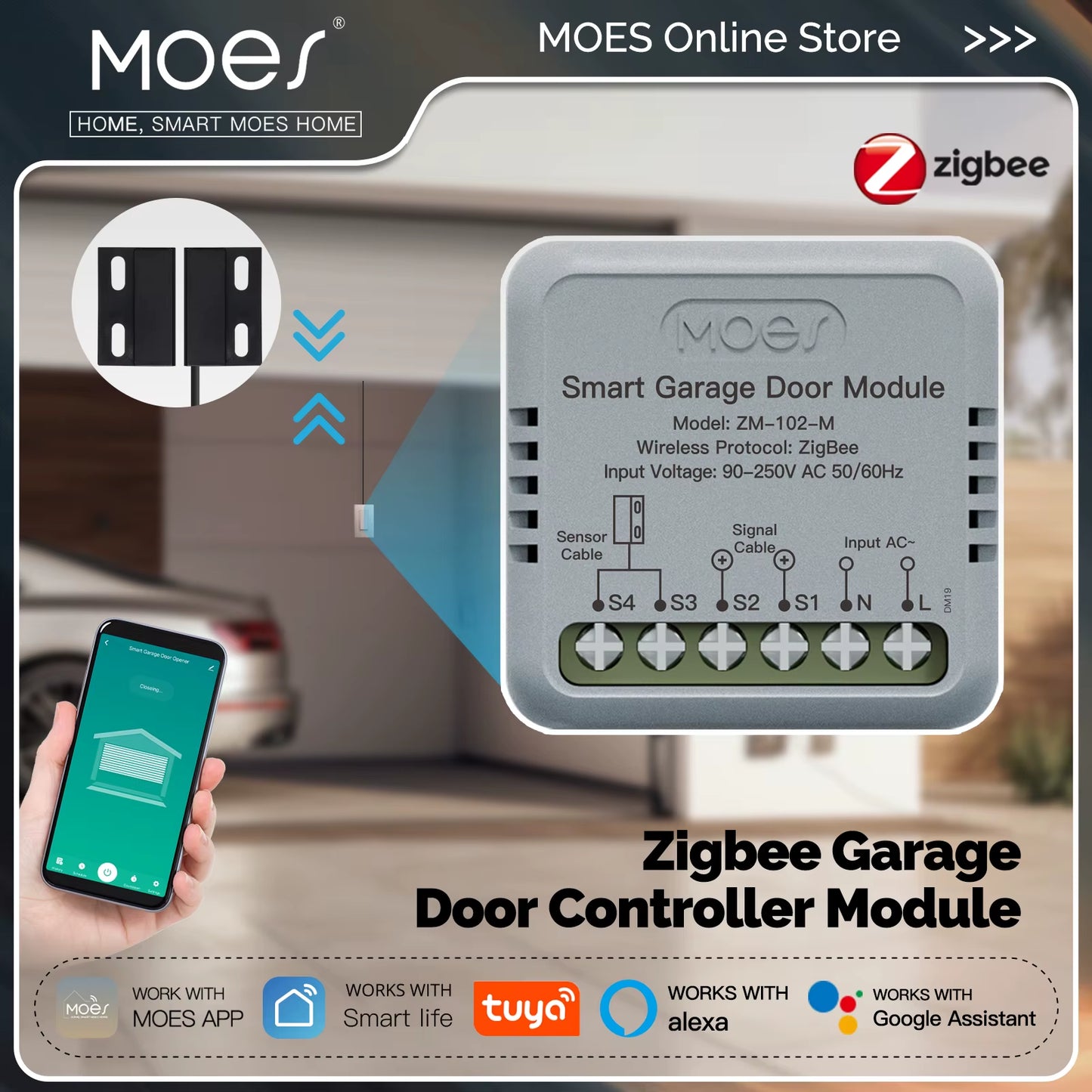 Zigbee Garage Door Controller Module Smart App Remote Compatible with Tuya/Smart Life Alexa & Google Home Voice Control