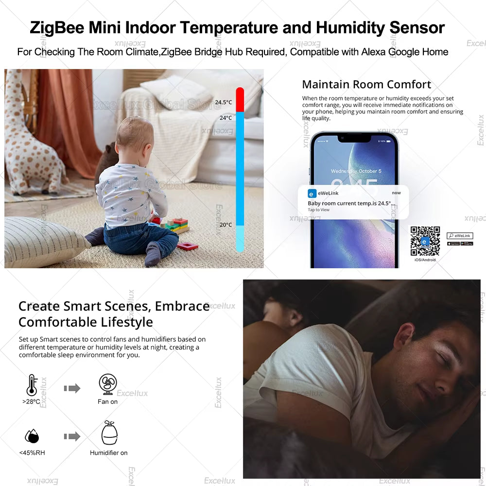 Ewelink Smart Zigbee Temperature Humidity Sensor App Control Indoor Thermometer Monitor Home Automation Works with Alexa Google