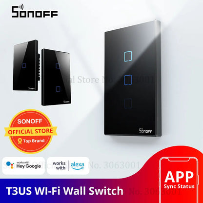 SONOFF T3 Smart Wifi Wall Light US Switch Black 120 Type With Border 1/2/3 Gang 433 RF/APP/Touch Control Works With Google Home
