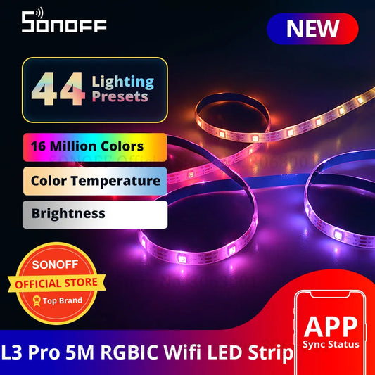 SONOFF L3 Pro 5M RGBIC Wifi Smart LED Strip Lights 16.4Ft Wireless Remote Voice/ Local Control Type C DC5V Adapter Smart Home
