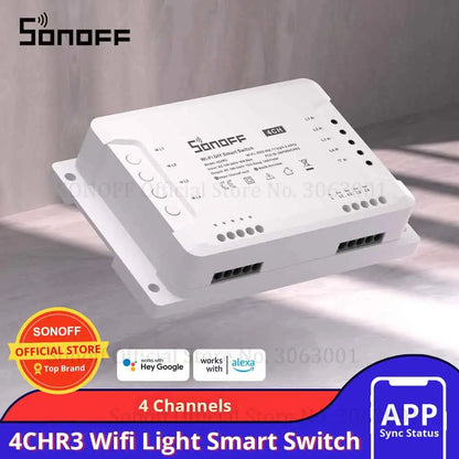 Sonoff 4CHR3 4 Gang Wifi Light Smart Switch, 4 Channels Electronic Switch IOS Android App Control, Works With Alexa Google Home