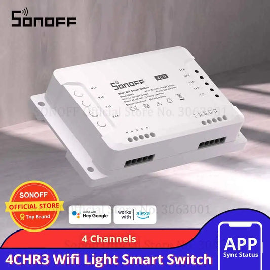 Sonoff 4CHR3 4 Gang Wifi Light Smart Switch, 4 Channels Electronic Switch IOS Android App Control, Works With Alexa Google Home