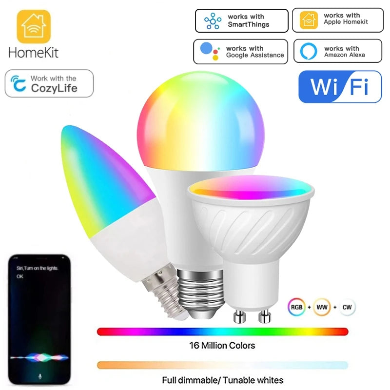 HomeKit Smart LED Lights Bulb E27 E14 GU10 RGB+CW WiFi Dimmable Colorful Lamp Cozylife APP Control Voice for Siri Alexa Google