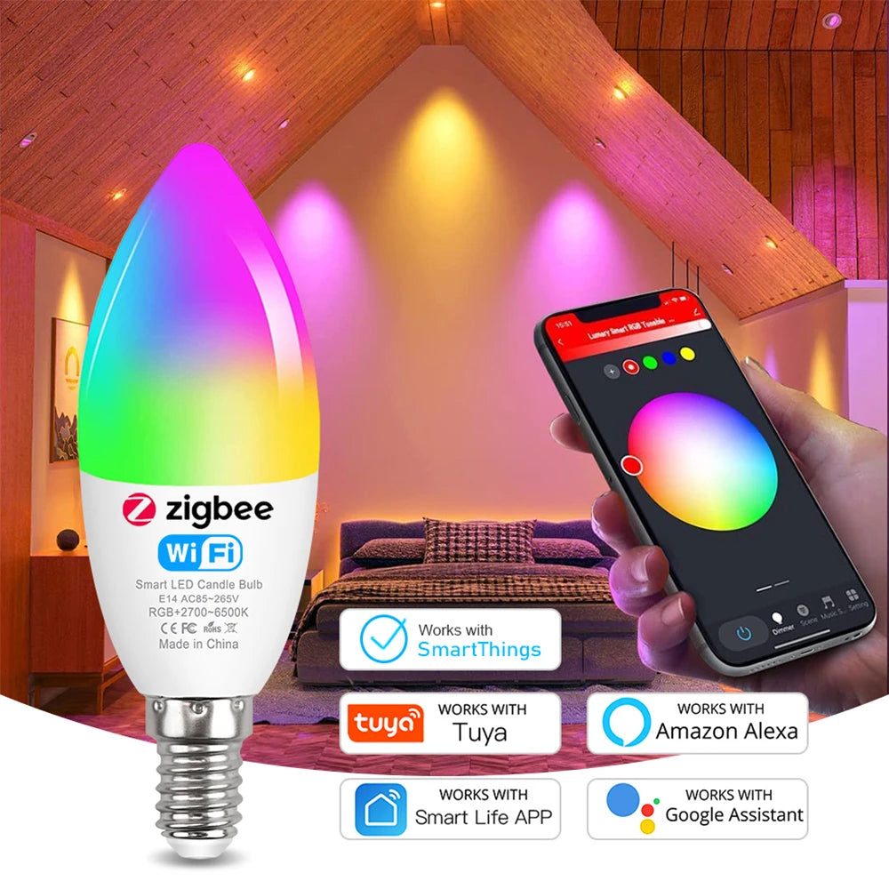 Tuya E14 Smart ZigBee 3.0 WiFi Candle Light Bulb AC85-265V LED Light Chandelier Lamp Bedroom Lamp Smart Life Alexa Google Home