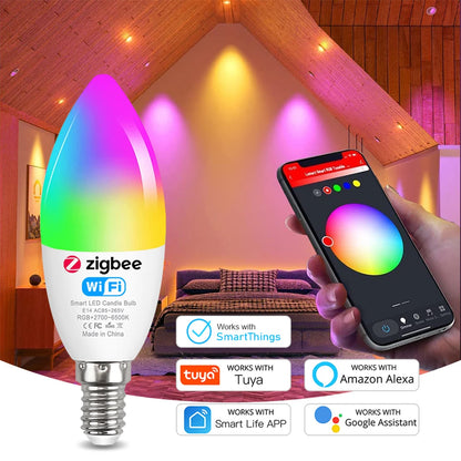 Tuya E14 Smart ZigBee 3.0 WiFi Candle Light Bulb AC85-265V LED Light Chandelier Lamp Bedroom Lamp Smart Life Alexa Google Home